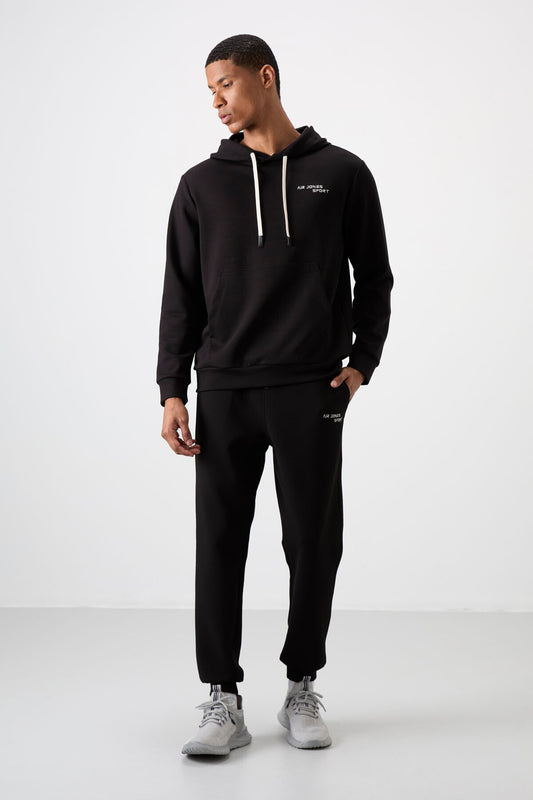Ecru - Black Cotton Thick Soft Textured Comfort Fit Embroidered Men's Tracksuit Set - 85255