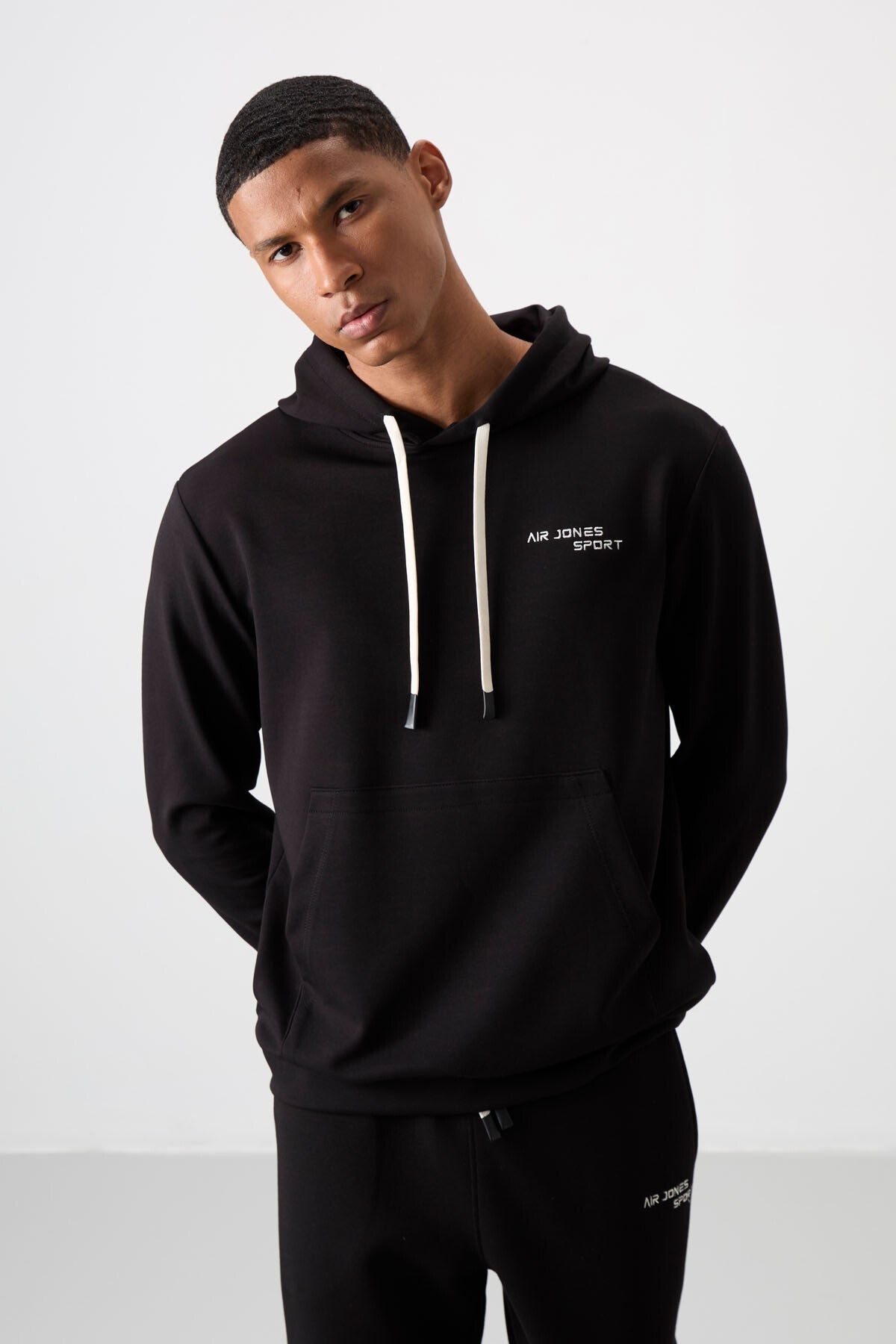 Ecru - Black Cotton Thick Soft Textured Comfort Fit Embroidered Men's Tracksuit Set - 85255