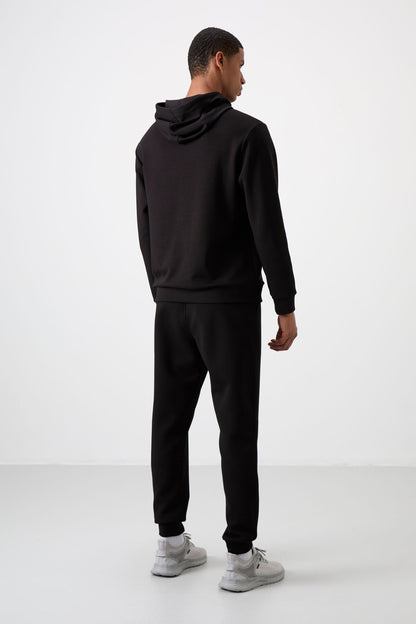 Ecru - Black Cotton Thick Soft Textured Comfort Fit Embroidered Men's Tracksuit Set - 85255
