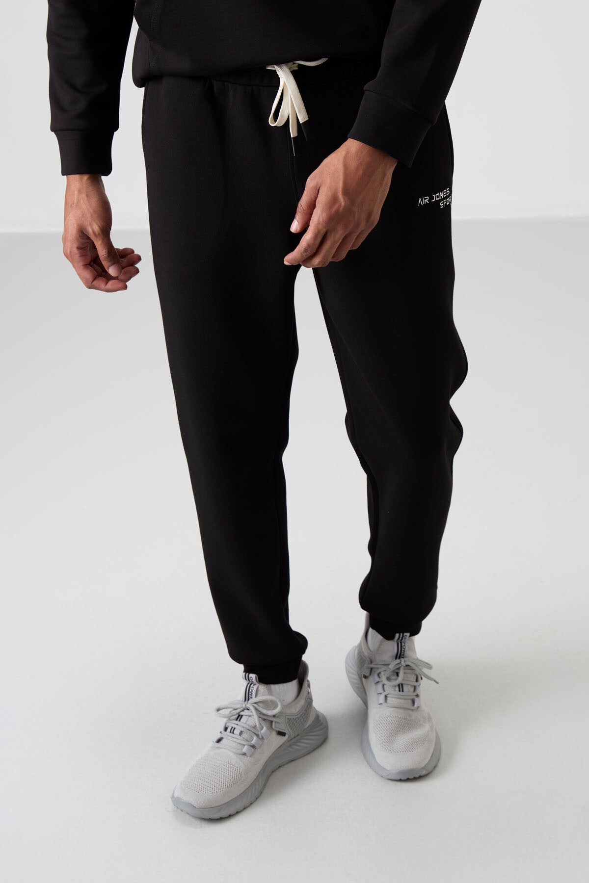 Ecru - Black Cotton Thick Soft Textured Comfort Fit Embroidered Men's Tracksuit Set - 85255