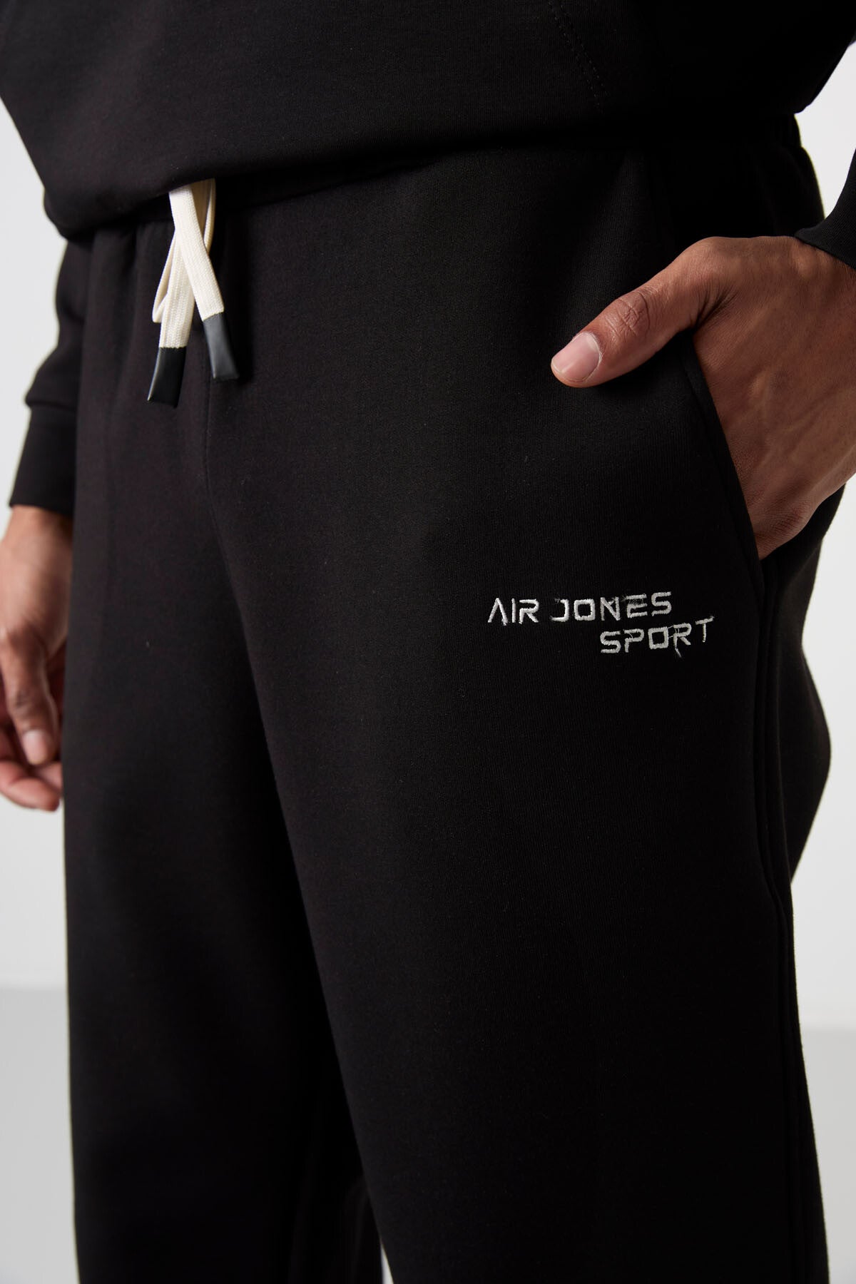 Ecru - Black Cotton Thick Soft Textured Comfort Fit Embroidered Men's Tracksuit Set - 85255