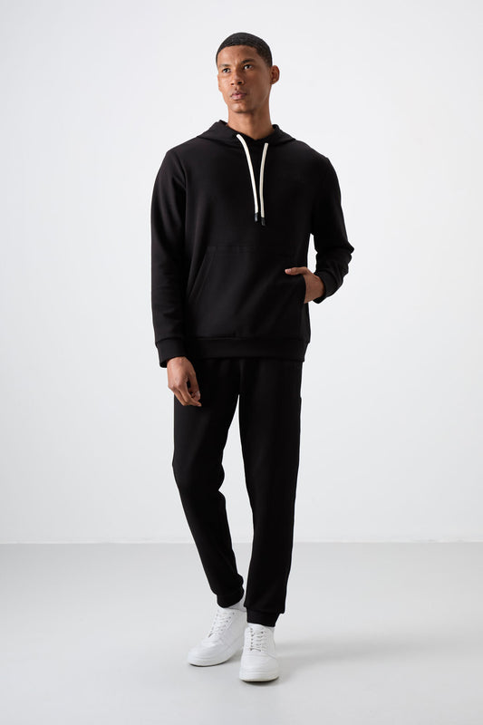 Black - Black Cotton Thick Soft Textured Comfort Fit Embroidered Men's Tracksuit Set - 85255