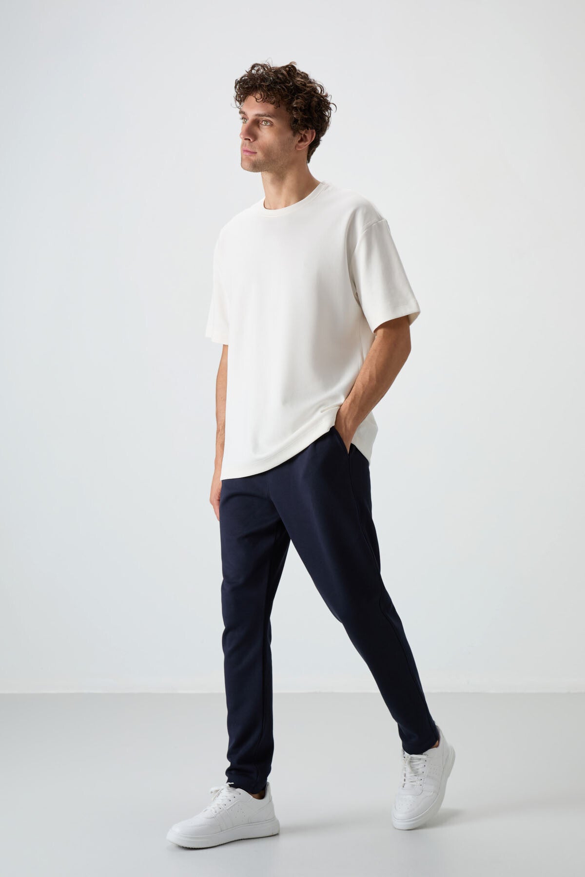 Khaki - Navy Blue Cotton Thick Soft Textured Oversize Fit Basic Men's Tracksuit Set - 85251
