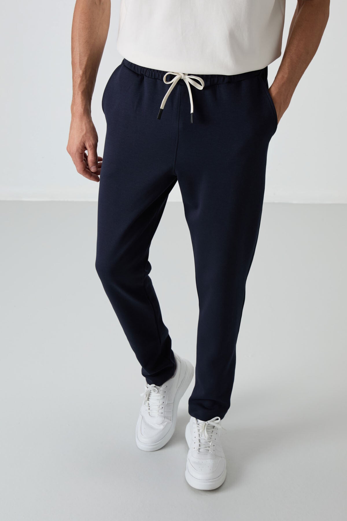 Khaki - Navy Blue Cotton Thick Soft Textured Oversize Fit Basic Men's Tracksuit Set - 85251