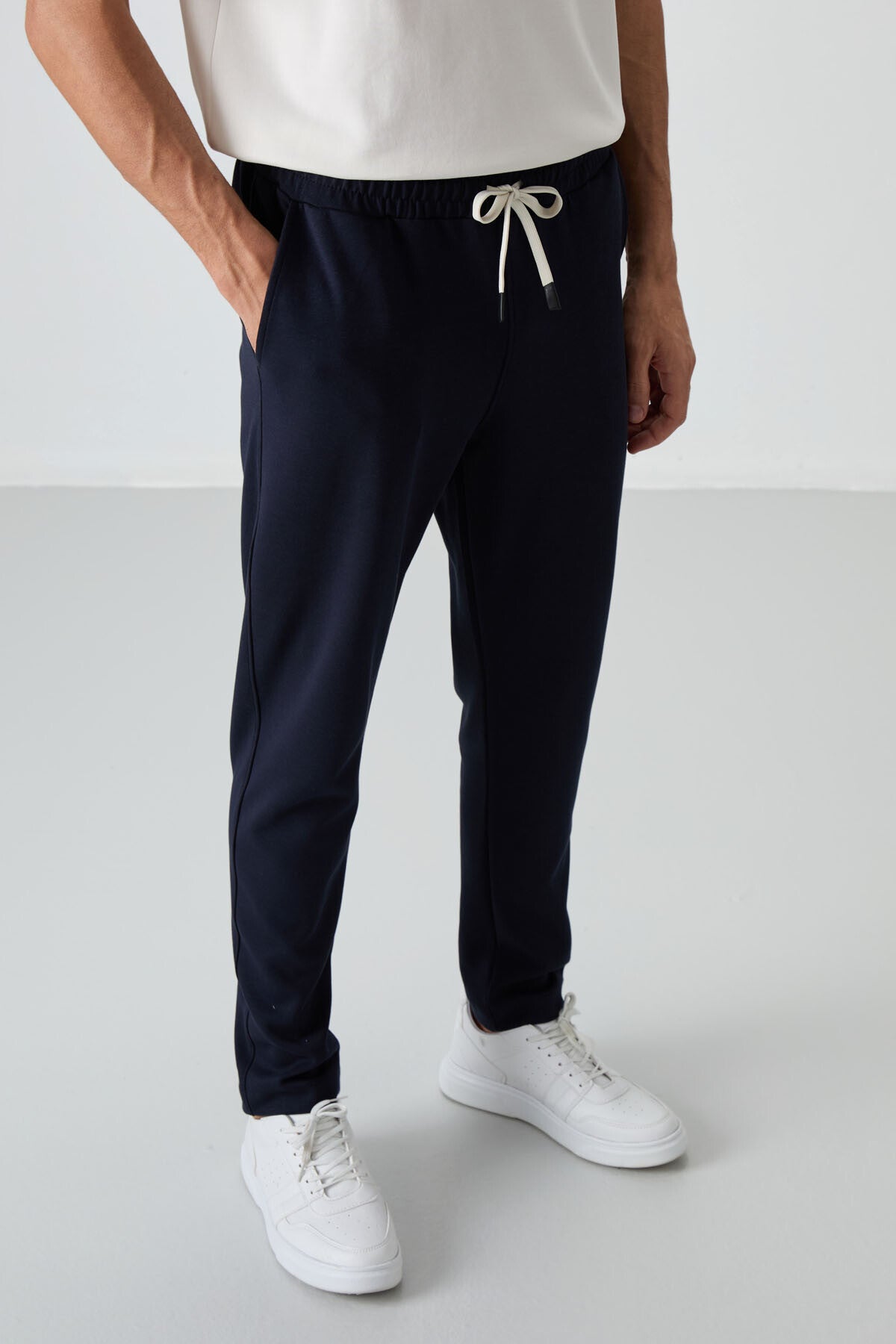Khaki - Navy Blue Cotton Thick Soft Textured Oversize Fit Basic Men's Tracksuit Set - 85251