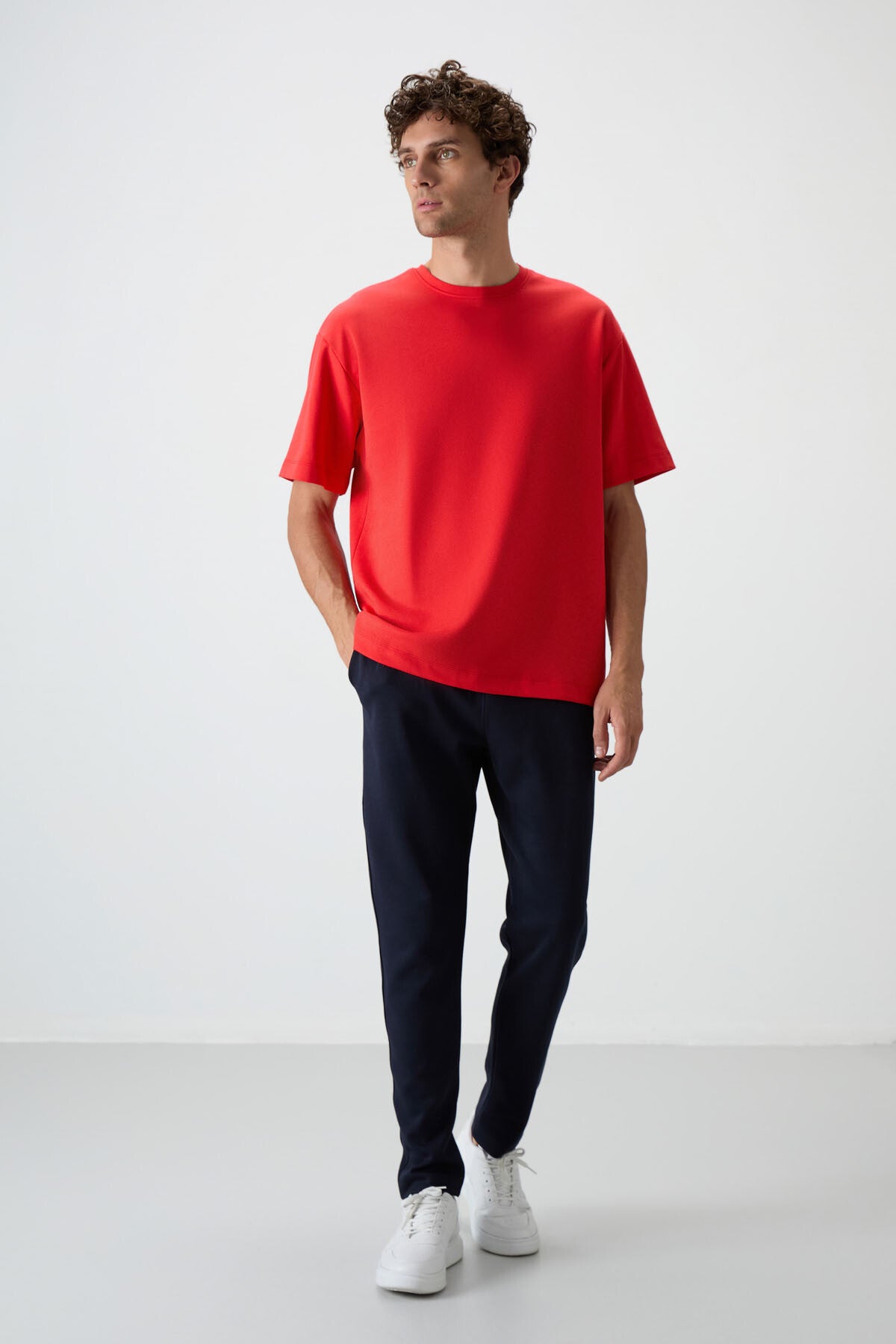 Fiesta - Navy Blue Cotton Thick Soft Textured Oversize Fit Basic Men's Tracksuit Set - 85251