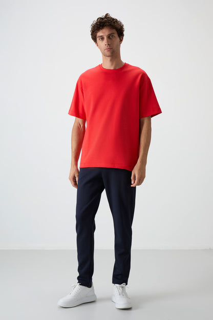 Fiesta - Navy Blue Cotton Thick Soft Textured Oversize Fit Basic Men's Tracksuit Set - 85251