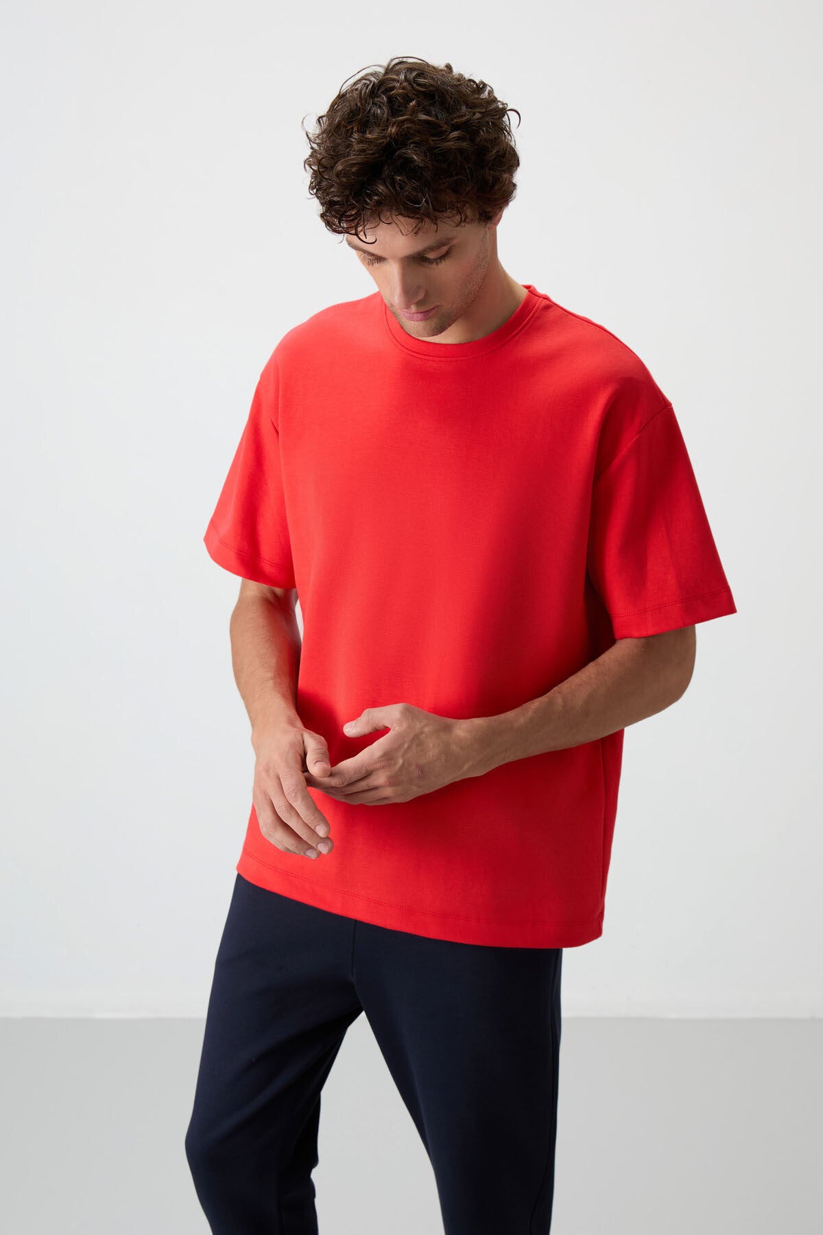 Fiesta - Navy Blue Cotton Thick Soft Textured Oversize Fit Basic Men's Tracksuit Set - 85251