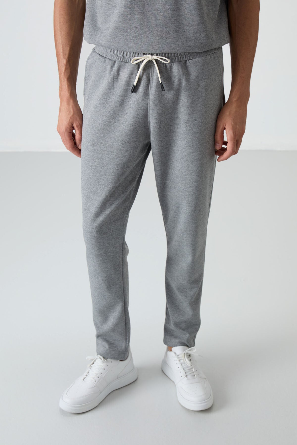 Grey Melange Cotton Thick Soft Textured Oversize Fit Basic Men's Tracksuit Set - 85251