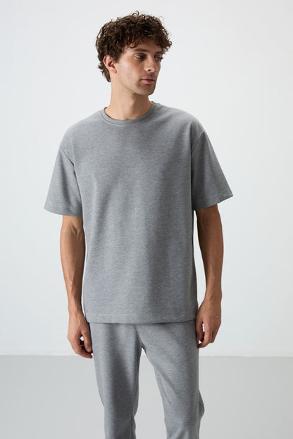 Grey Melange Cotton Thick Soft Textured Oversize Fit Basic Men's Tracksuit Set - 85251