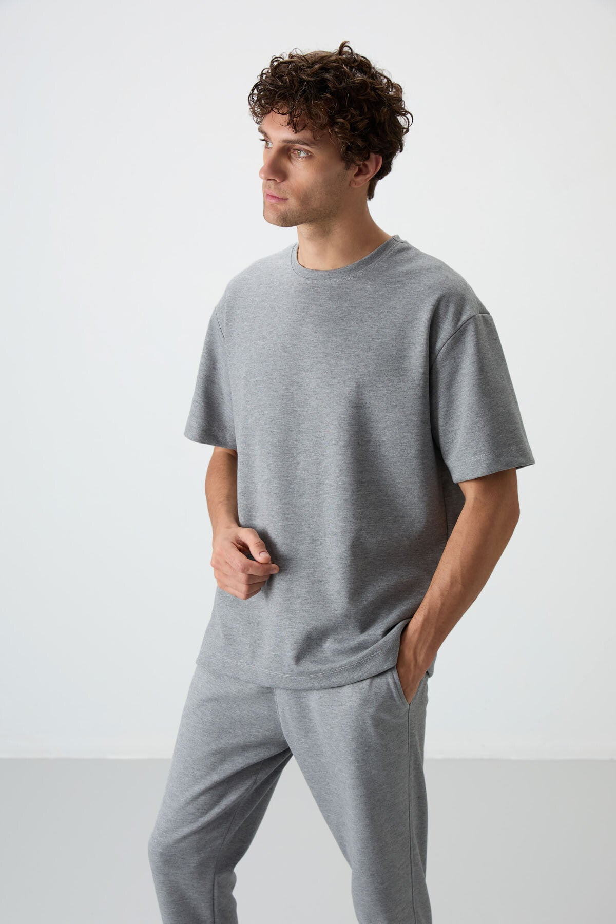 Grey Melange Cotton Thick Soft Textured Oversize Fit Basic Men's Tracksuit Set - 85251