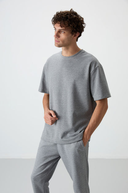Grey Melange Cotton Thick Soft Textured Oversize Fit Basic Men's Tracksuit Set - 85251
