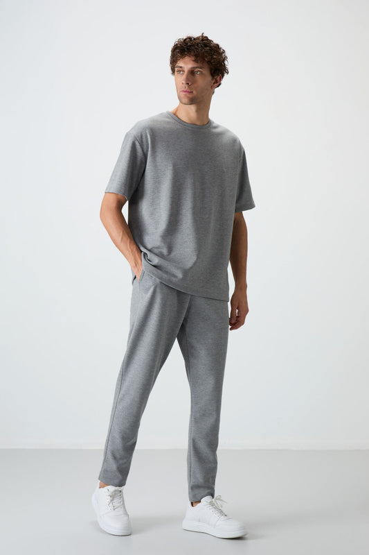 Grey Melange Cotton Thick Soft Textured Oversize Fit Basic Men's Tracksuit Set - 85251