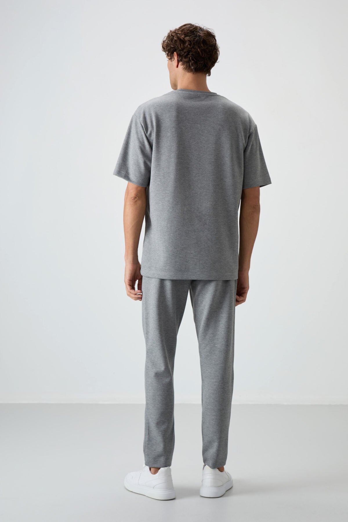 Grey Melange Cotton Thick Soft Textured Oversize Fit Embroidered Men's Tracksuit Set - 85252