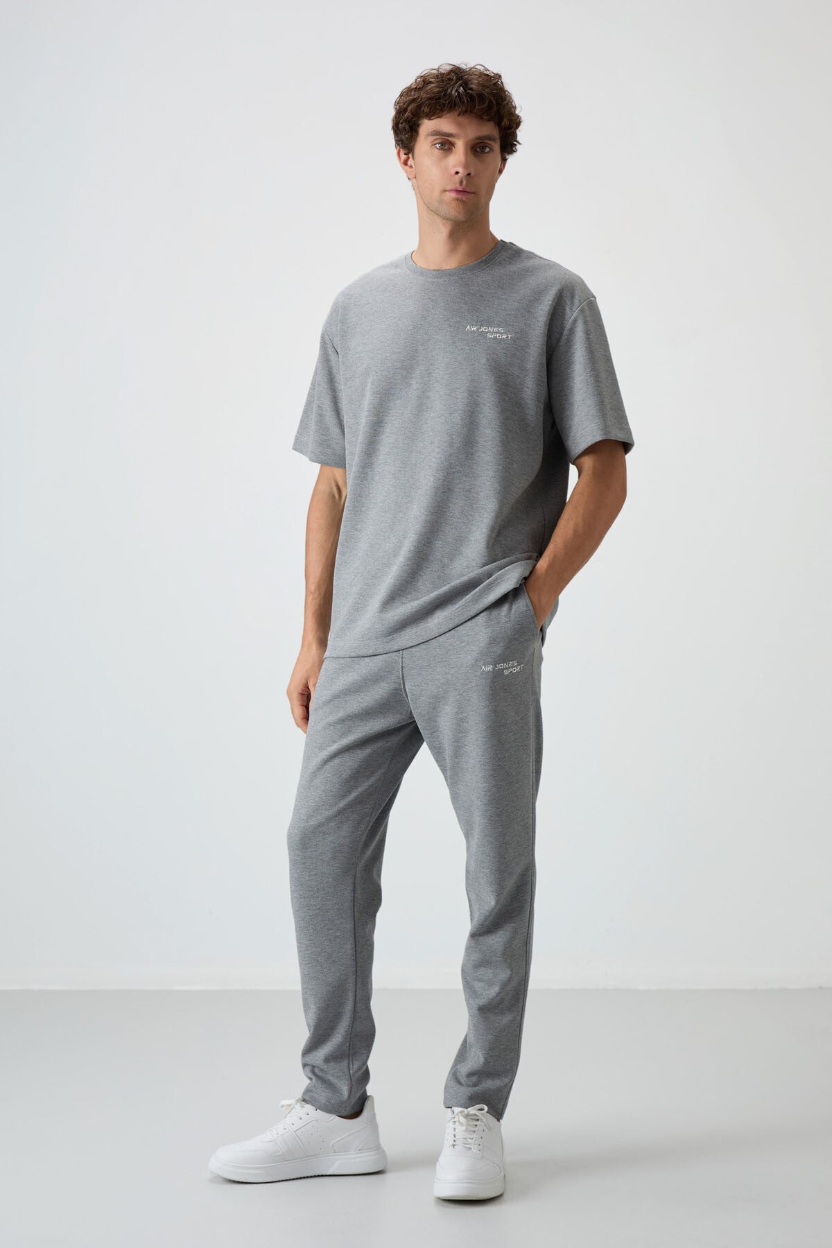 Grey Melange Cotton Thick Soft Textured Oversize Fit Embroidered Men's Tracksuit Set - 85252