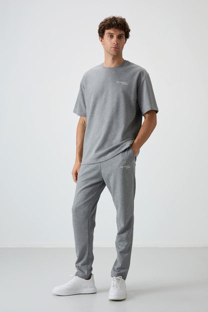 Grey Melange Cotton Thick Soft Textured Oversize Fit Embroidered Men's Tracksuit Set - 85252
