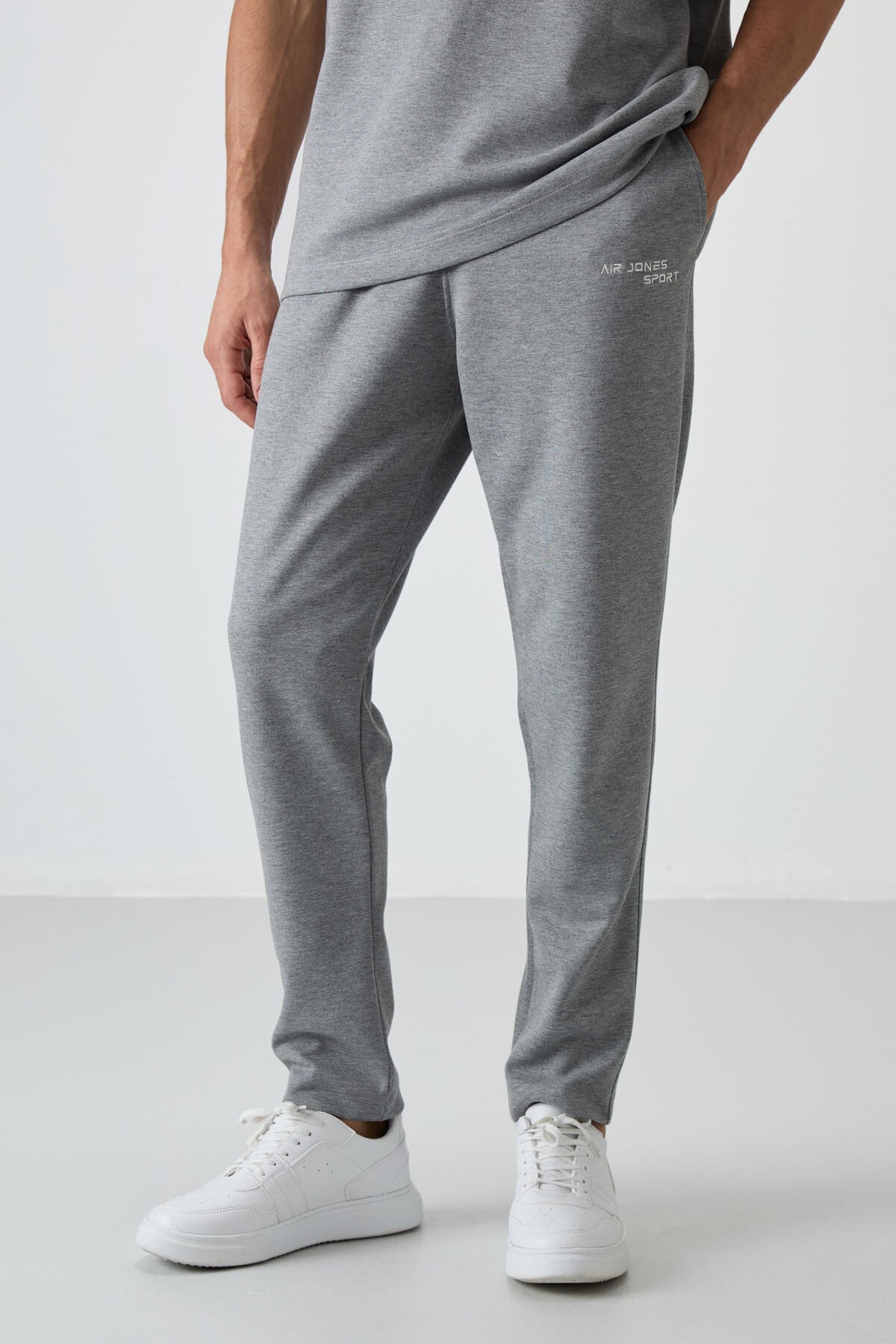 Grey Melange Cotton Thick Soft Textured Oversize Fit Embroidered Men's Tracksuit Set - 85252