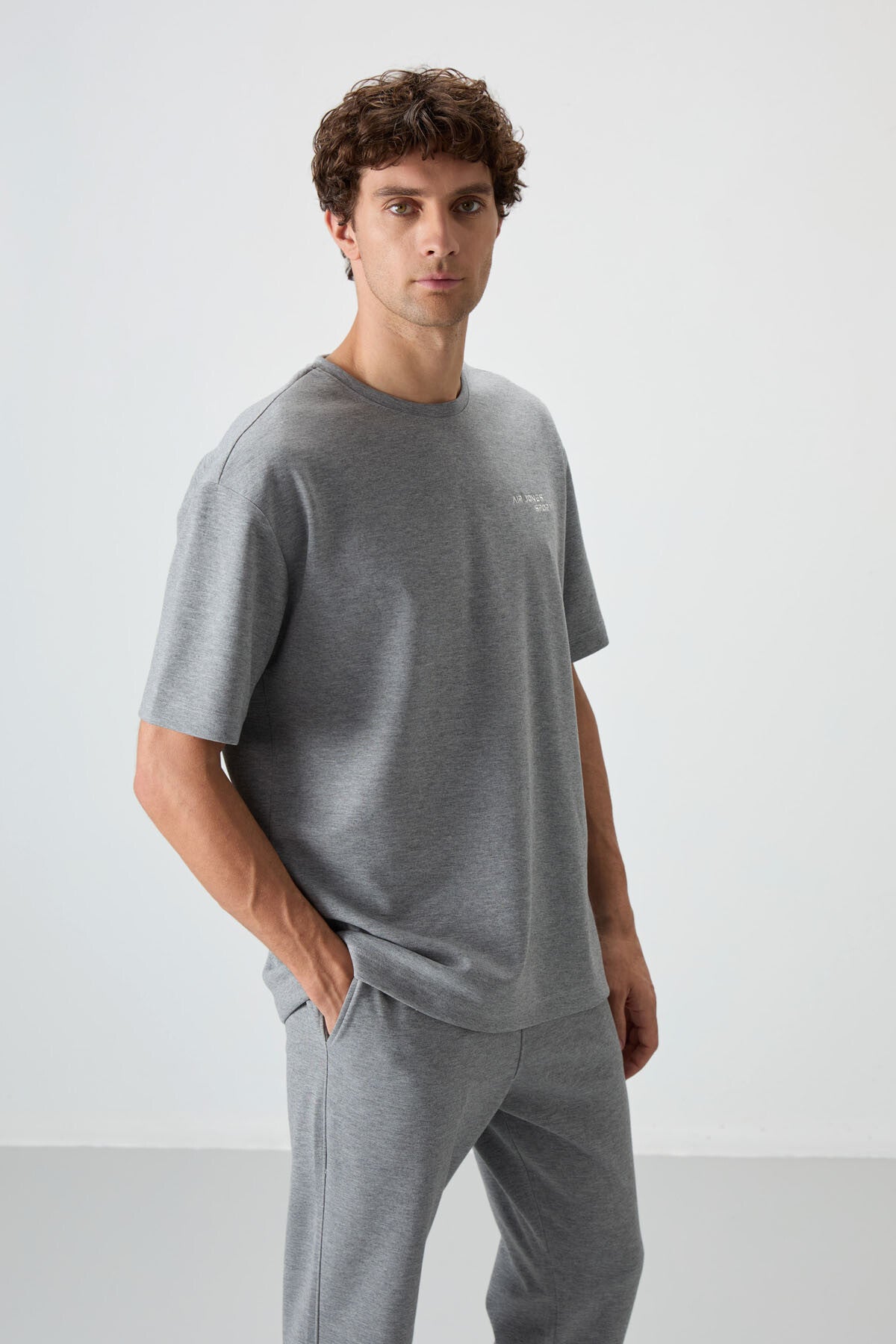 Grey Melange Cotton Thick Soft Textured Oversize Fit Embroidered Men's Tracksuit Set - 85252