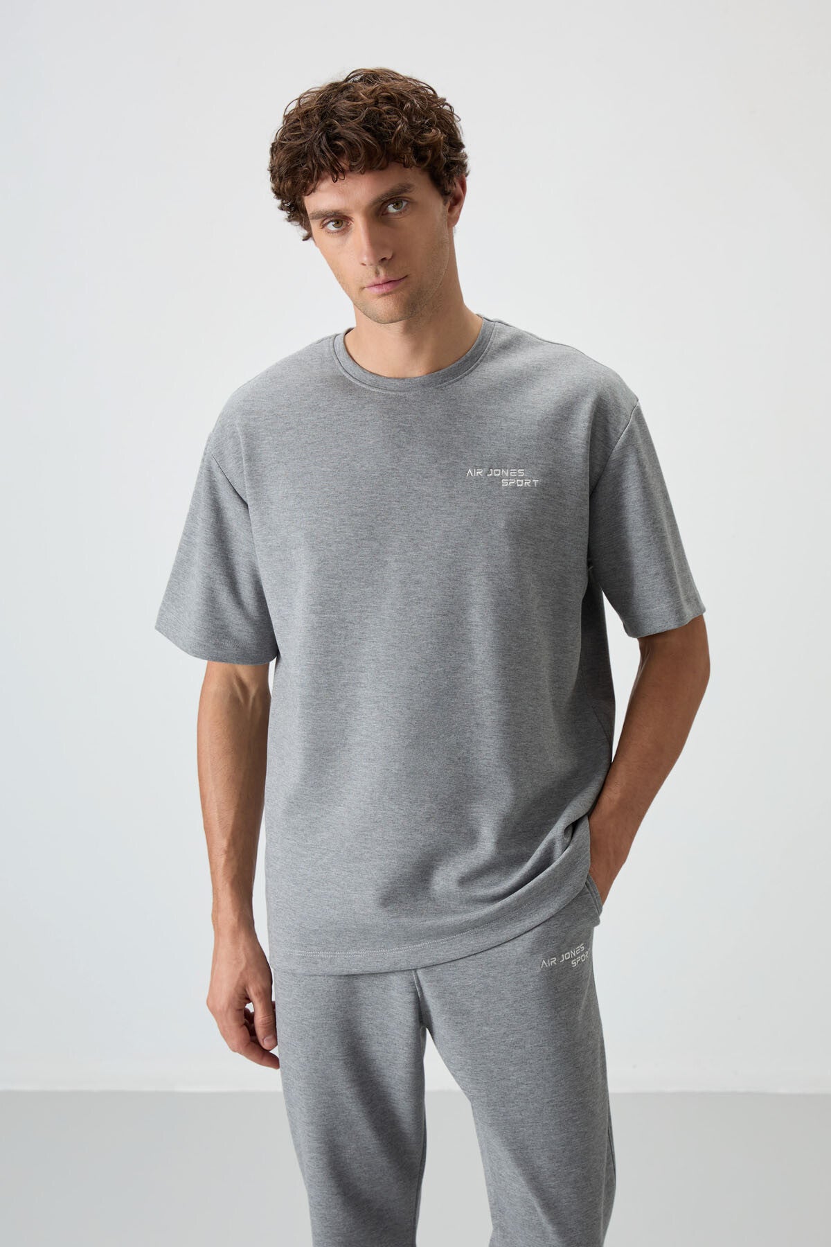 Grey Melange Cotton Thick Soft Textured Oversize Fit Embroidered Men's Tracksuit Set - 85252