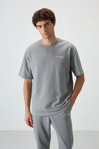 Grey Melange Cotton Thick Soft Textured Oversize Fit Embroidered Men's Tracksuit Set - 85252