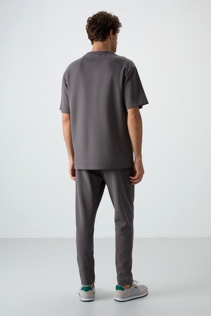 Dark Grey Cotton Thick Soft Textured Oversize Fit Basic Men's Tracksuit Set - 85251