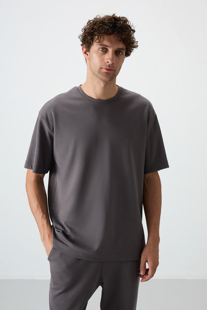 Dark Grey Cotton Thick Soft Textured Oversize Fit Basic Men's Tracksuit Set - 85251