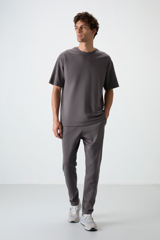 Dark Grey Cotton Thick Soft Textured Oversize Fit Basic Men's Tracksuit Set - 85251