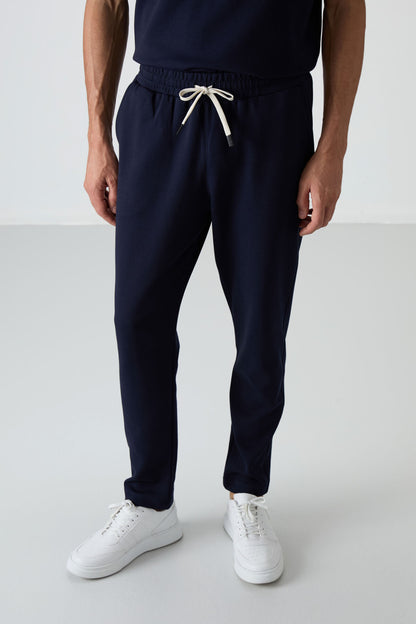 Navy Blue Cotton Thick Soft Textured Oversize Fit Basic Men's Tracksuit Set - 85251