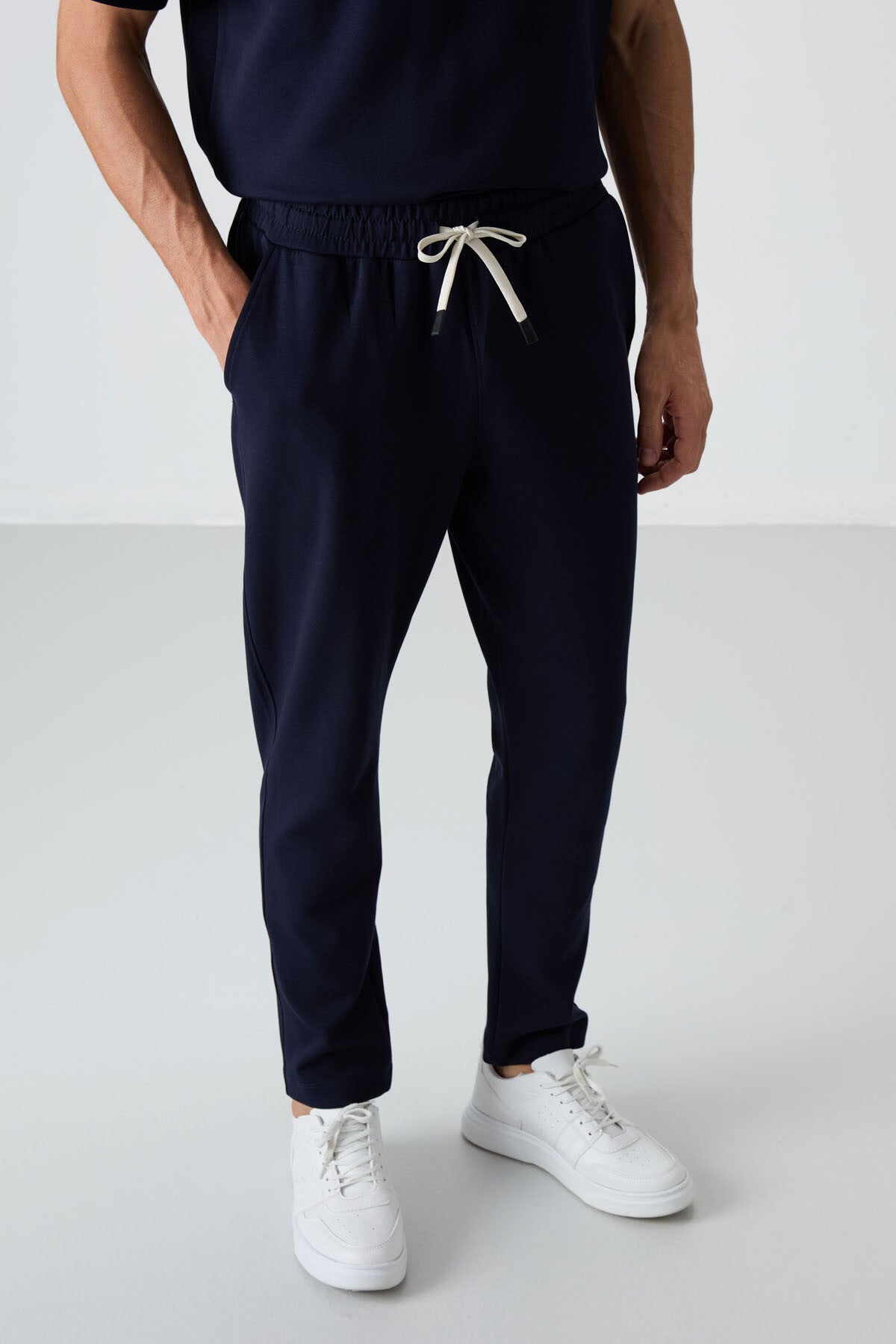 Navy Blue Cotton Thick Soft Textured Oversize Fit Basic Men's Tracksuit Set - 85251