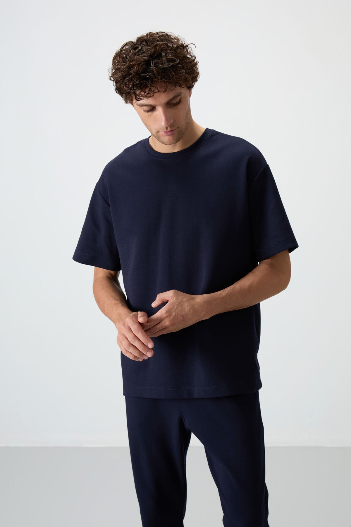 Navy Blue Cotton Thick Soft Textured Oversize Fit Basic Men's Tracksuit Set - 85251