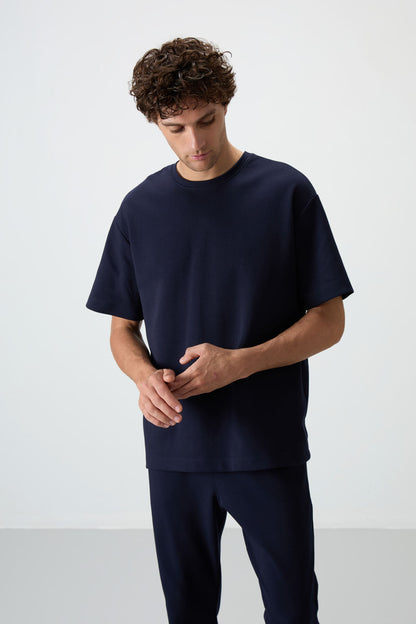 Navy Blue Cotton Thick Soft Textured Oversize Fit Basic Men's Tracksuit Set - 85251