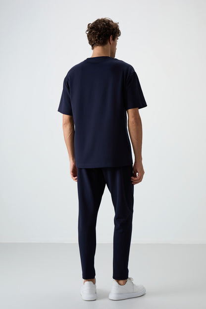 Navy Blue Cotton Thick Soft Textured Oversize Fit Basic Men's Tracksuit Set - 85251