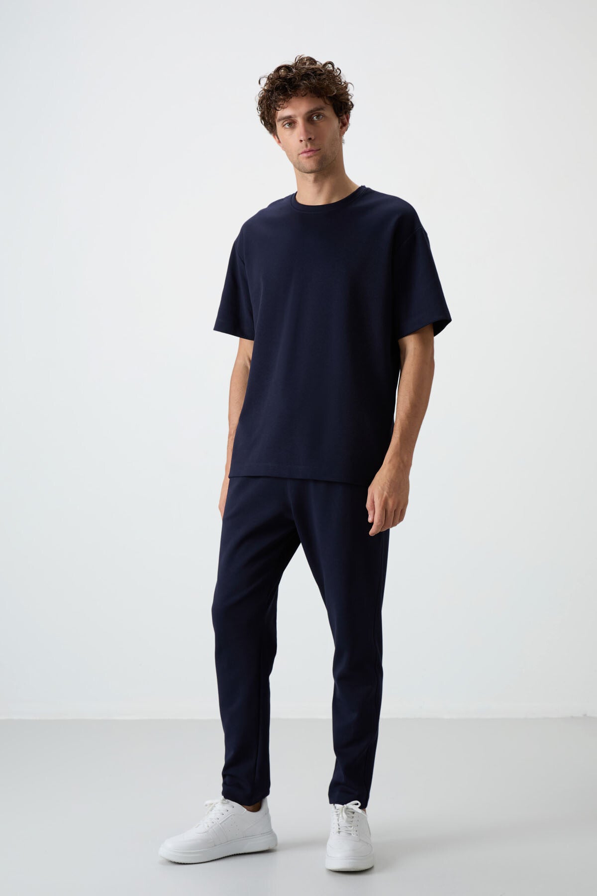 Navy Blue Cotton Thick Soft Textured Oversize Fit Basic Men's Tracksuit Set - 85251