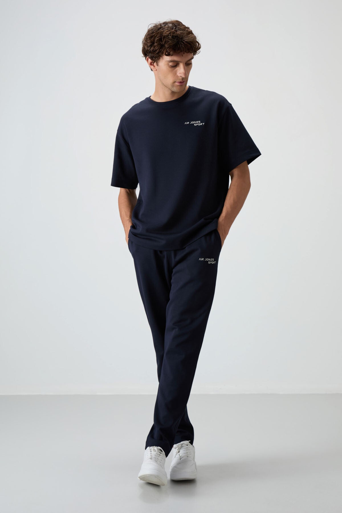 Navy Blue Cotton Thick Soft Textured Oversize Fit Embroidered Men's Tracksuit Set - 85252