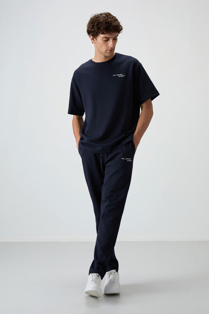 Navy Blue Cotton Thick Soft Textured Oversize Fit Embroidered Men's Tracksuit Set - 85252