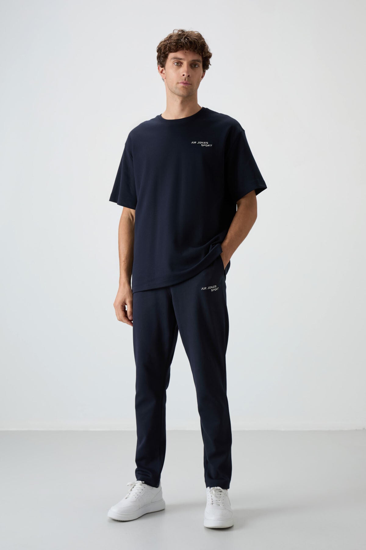 Navy Blue Cotton Thick Soft Textured Oversize Fit Embroidered Men's Tracksuit Set - 85252