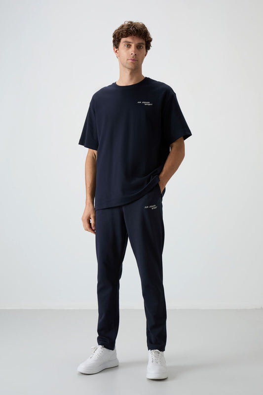 Navy Blue Cotton Thick Soft Textured Oversize Fit Embroidered Men's Tracksuit Set - 85252