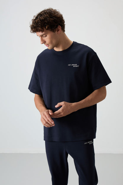 Navy Blue Cotton Thick Soft Textured Oversize Fit Embroidered Men's Tracksuit Set - 85252