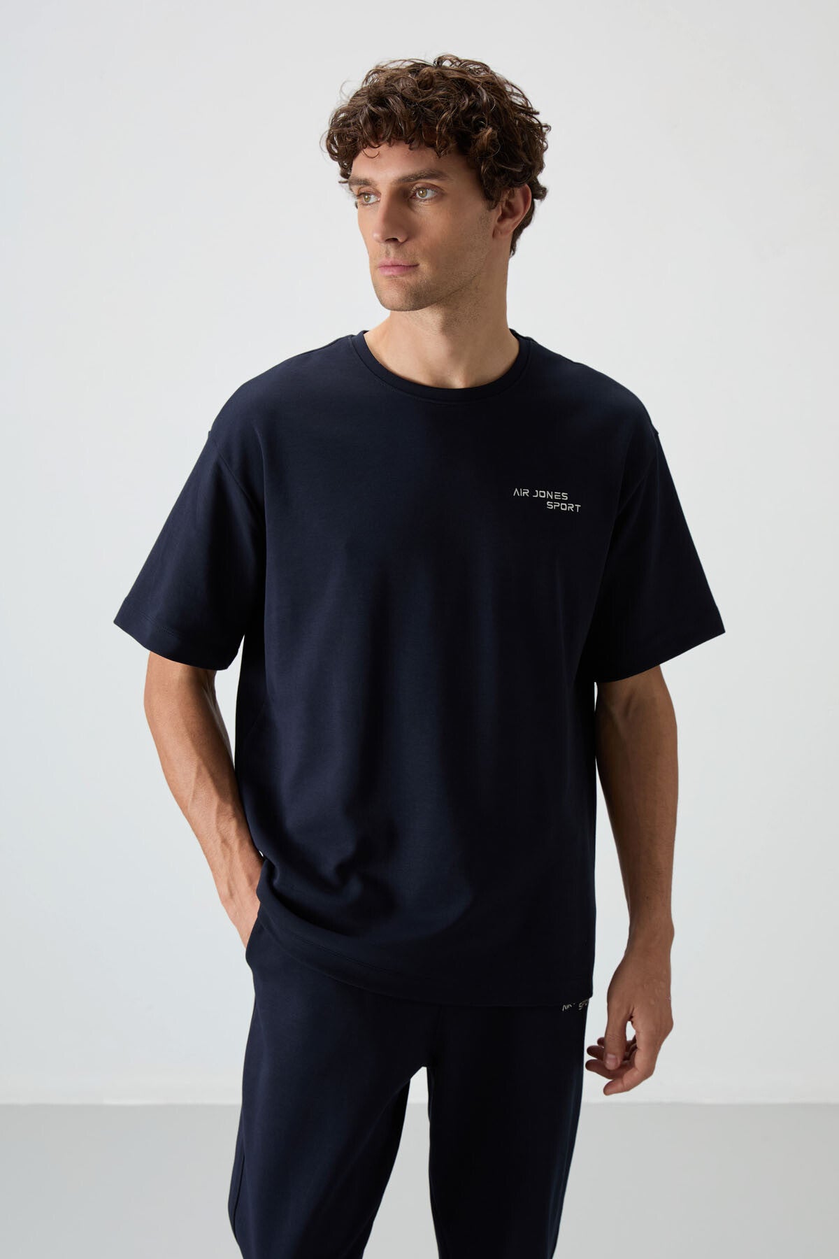Navy Blue Cotton Thick Soft Textured Oversize Fit Embroidered Men's Tracksuit Set - 85252