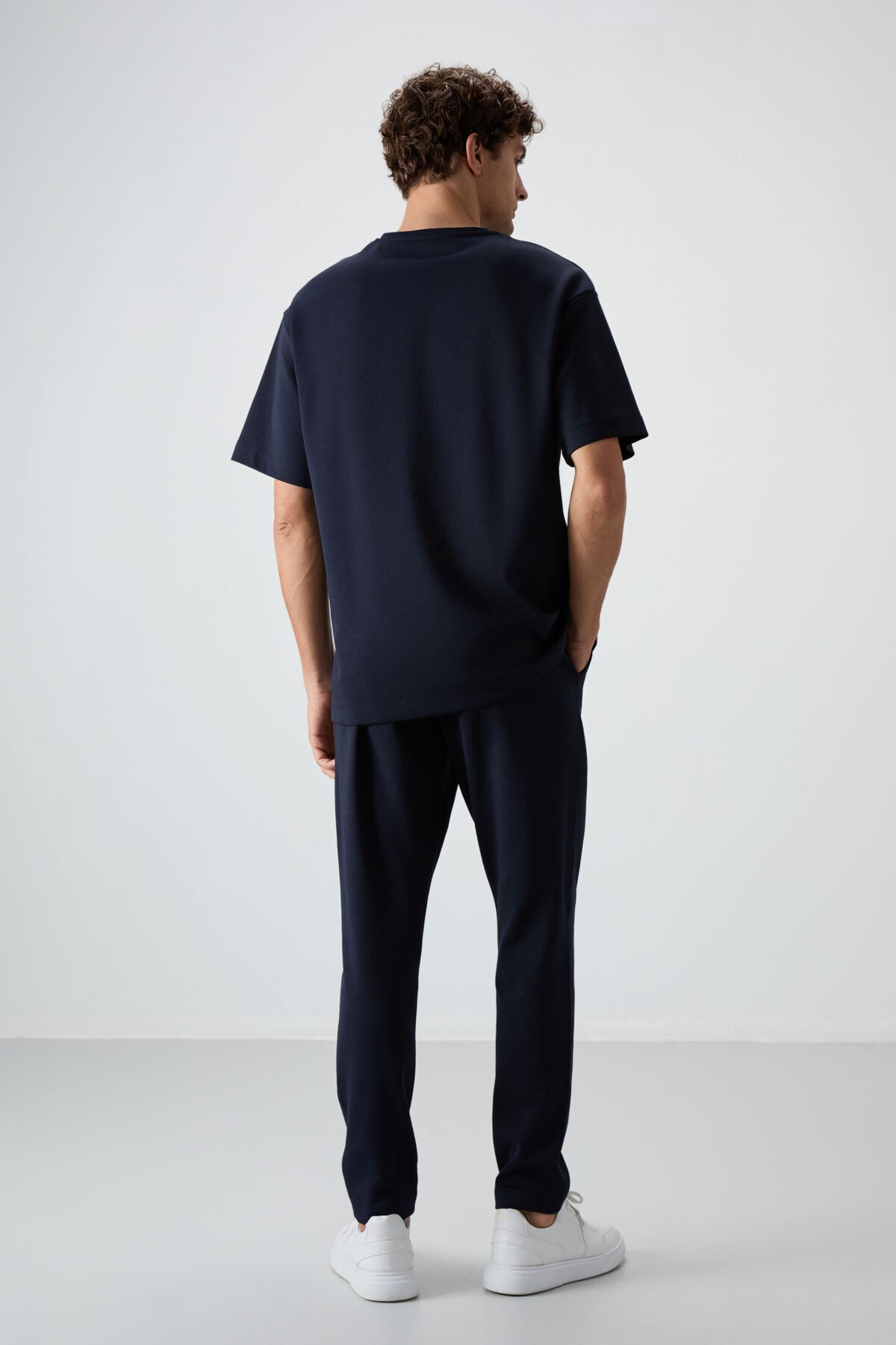 Navy Blue Cotton Thick Soft Textured Oversize Fit Embroidered Men's Tracksuit Set - 85252
