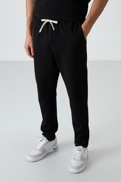 Black Cotton Thick Soft Textured Oversize Fit Basic Men's Tracksuit Set - 85251