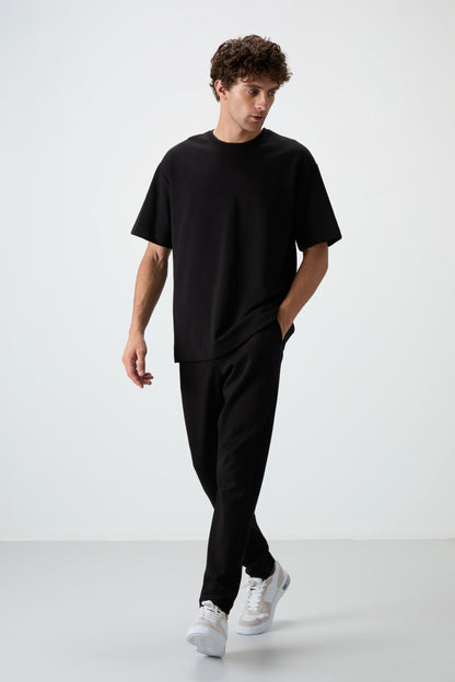 Black Cotton Thick Soft Textured Oversize Fit Basic Men's Tracksuit Set - 85251