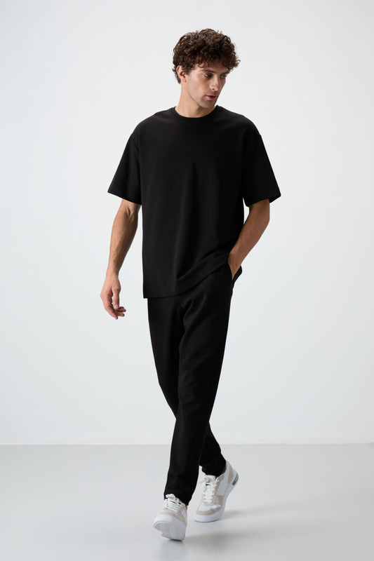 Black Cotton Thick Soft Textured Oversize Fit Basic Men's Tracksuit Set - 85251