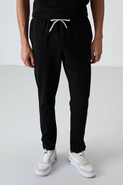 Black Cotton Thick Soft Textured Oversize Fit Basic Men's Tracksuit Set - 85251