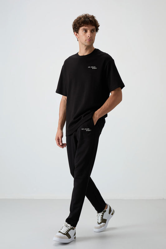 Black Cotton Thick Soft Textured Oversize Fit Embroidered Men's Tracksuit Set - 85252
