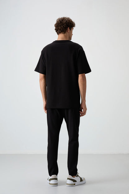 Black Cotton Thick Soft Textured Oversize Fit Embroidered Men's Tracksuit Set - 85252