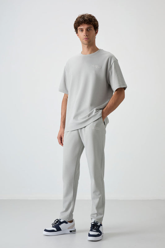 Stone Cotton Thick Soft Textured Oversize Fit Embroidered Men's Tracksuit Set - 85252