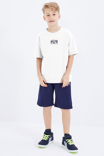 Ecru-Indigo Embroidered Oversize Boys' Shorts Set - 10897