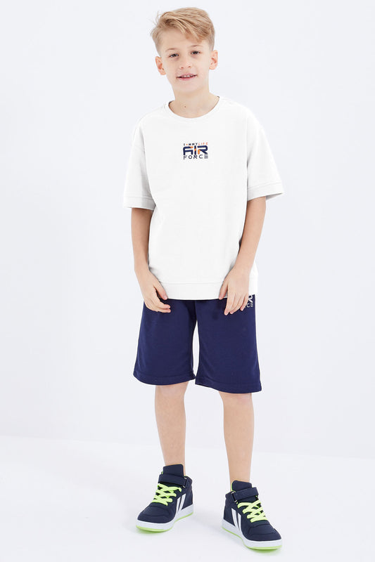 Ecru-Indigo Embroidered Oversize Boys' Shorts Set - 10897