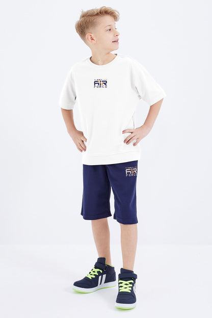 Ecru-Indigo Embroidered Oversize Boys' Shorts Set - 10897